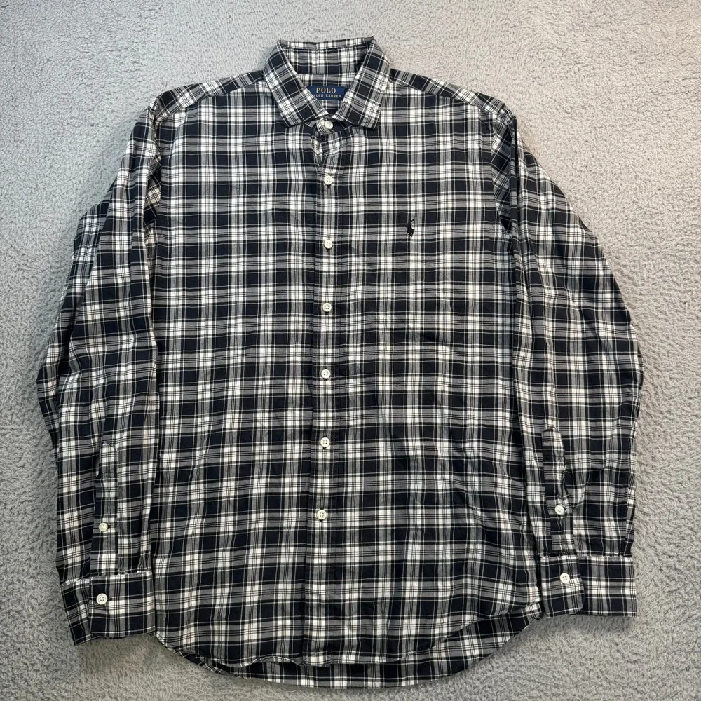 Polo Ralph Lauren Mens Large Black White Plaid Long Sleeve Button Up Shirt 11077
